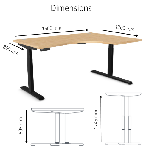 desk dimensions LEAP Electric Dual Motor Height Adjustable Radial Right Hand Sit Stand Desk Portal Top W1600xD1200/800xH620-1270mm Beech Top Black Frame 10 Year Warranty